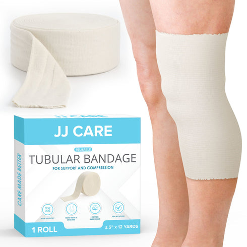 JJ CARE Tubular Bandage, 3.5” x 12 Yards Stockinette Tubing for Ankles, Knees and Calf, Size E Reusable Elastic Bandage Sleeve, Tubular Compression Bandage Roll for Arms, Rubber Latex w/Cotton